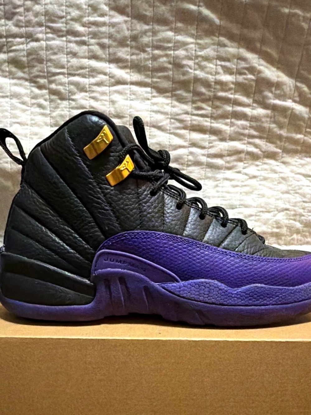 Kids Jordan 12 Retro High-Top Sneakers in Black, Purple and Gold Accents